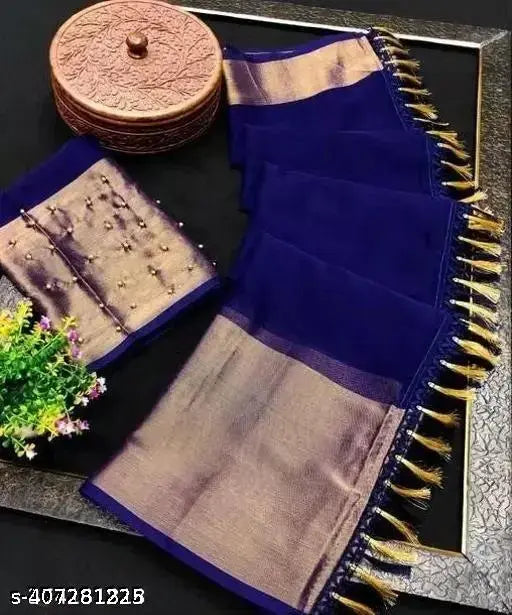 Trending chiffon saree with moti blouse and jhalar, Indian traditional wear in solid zari woven net design for festive occasions, free size (5.2m saree length, 0.8m blouse length)