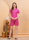 Women's printed cotton nightsuit, short-sleeved with matching shorts, available in M, L, XL, XXL (India origin)