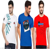 Printed cotton half-sleeve t-shirts for men, pack of 3 - S, M, L sizes on display