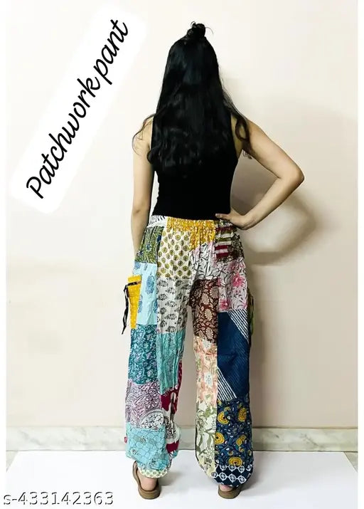 Multi-colored cotton patchwork yoga pants, loose fit with elastic waist for men & women, each pair unique and stylish, Indian origin