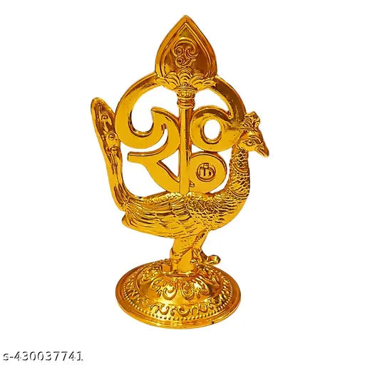 Gold-toned peacock religious idol for home decor, office, pooja room, or car dashboard, handcrafted in India