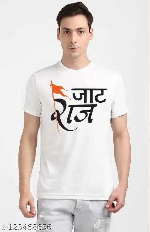Polyester printed net Jat Raj flag, vibrant Indian design on a short-sleeved garment