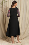 Women's black poly crepe Kurta, three-quarter sleeves, printed combo. Black Indian kurta on hanger