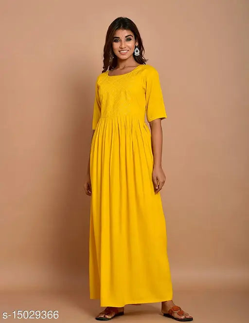 Mustard rayon flared kurti, self-design with short sleeves, women's fashion accessory from India (M: bust size 38in, L: bust size 40in)