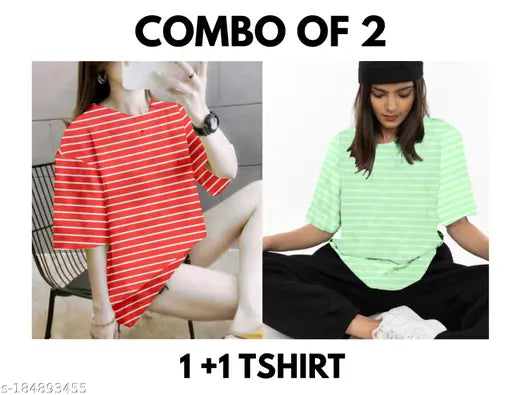 Lycra striped oversized women's t-shirt combo (S, M), durable Indian-made fashion with 3% Lycra