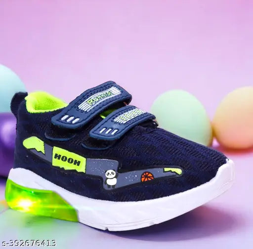 Blue Green synthetic kids' Led Light sports shoes (up to 7 years), featuring a solid rubber sole and adjustable velcro fastening