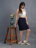 NavyBlue cotton blend pencil skirt with high-waisted design, back slit, and versatile styling for various occasions