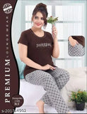 Chocolaty brown hosiery cotton printed half-sleeve nightsuit top & pyjama pants set - women's sleepwear for comfort & style