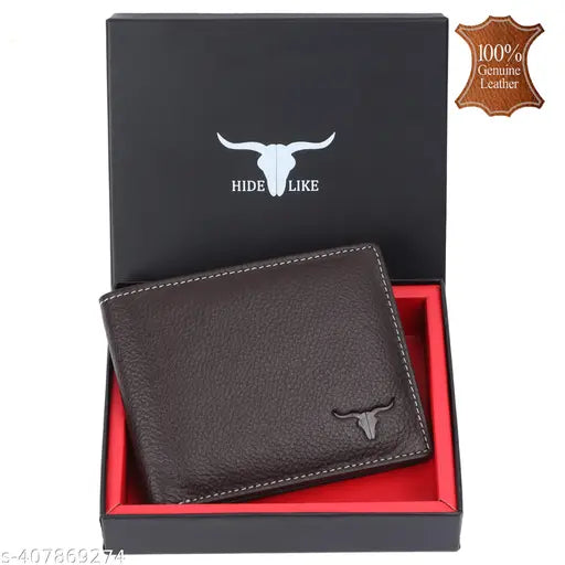 Brown top-grain leather men's wallet with 2 compartments, 4 card slots, hidden pockets, and coin pocket. Features RFID blocking security in a compact design, perfect for gifting on various occasions