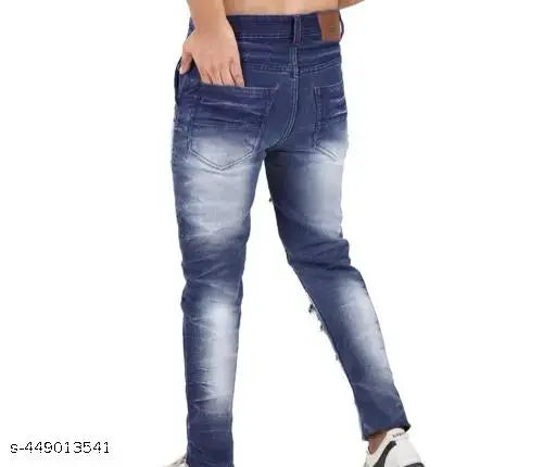 Trendy cotton blend men's jeans with placement print, distressed style in sizes 26, 28, 30, 32, 34. Free delivery from India