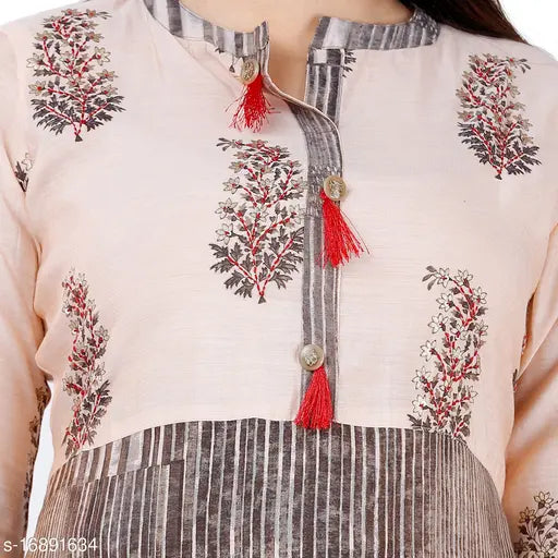 Blue flared printed muslin kurti, three-quarter sleeves, Indian women's fashion