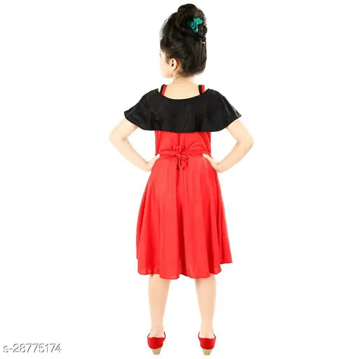 Red cotton blend frock dress for girls, solid pattern, short sleeves, pack of 1, size range 2-3 years to 10 years, Indian origin