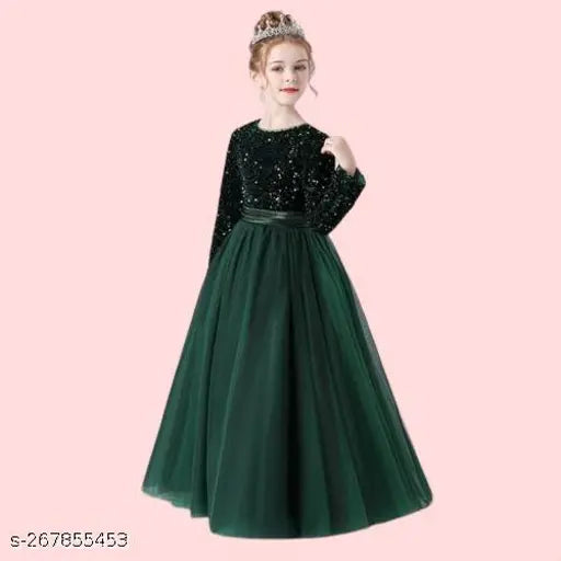 Embroidered net sequence gown for girls party wear, long sleeves, size 5-16 years. Indian-made, perfect for parties, functions, and festivals