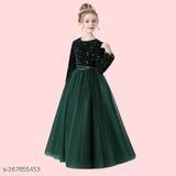 Embroidered net sequence gown for girls party wear, long sleeves, size 5-16 years. Indian-made, perfect for parties, functions, and festivals