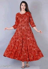 Printed red rayon anarkali kurti for women, three-quarter sleeves, Indian ethnic wear