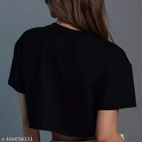 Black cotton blend bad cat crop top with three-quarter sleeves and printed net pattern for women's/girls fashion, available in multiple sizes