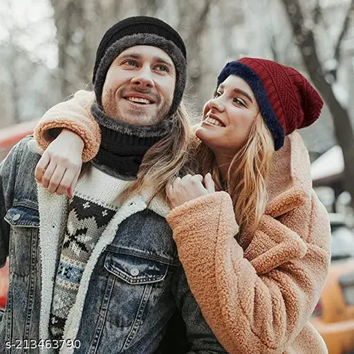 Black wool winter knit beanie cap & scarf set, self-designed for men and women