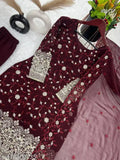 Faux Georgette embroidered top-plazzo and dupatta set with heavy sequin work, ready-to-wear Indian kurta in XL size (44m bust, 38m top length, 34m bottom waist, 40m bottom length, 2.2m dupatta length, 17m shoulder)