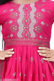 Pink color printed kid's rayon A-line kurta set with palazzo bottoms, vibrant embroidery on display