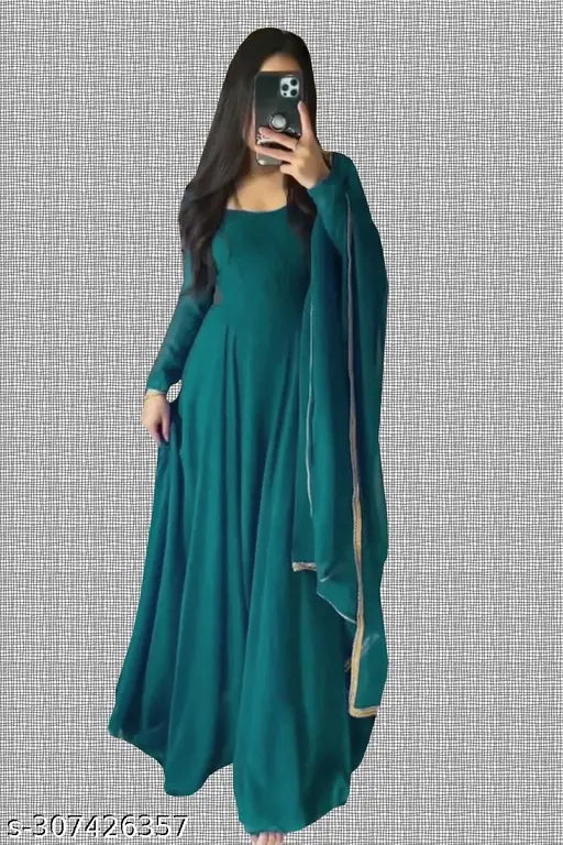 Solid Georgette Ladies Gown, long sleeves, India-made with crepe lining and 2m dupatta