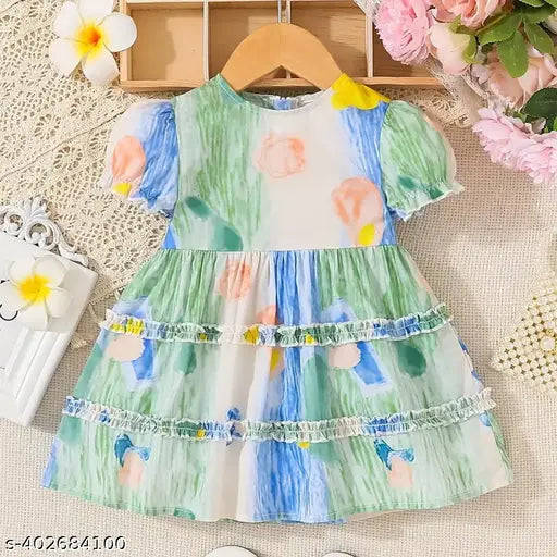 Multicolor cotton round neck frock, kid's print pattern dress, 0-12 months India origin