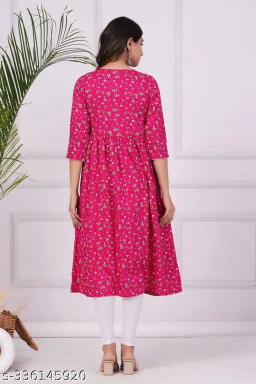 Premium rayon printed kurta with three-quarter sleeves, featuring vibrant Indian print. Available in sizes S, M, L, XL, XXL, XXXL