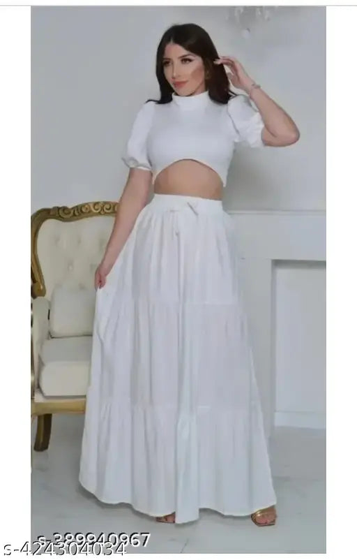 White rayon long skirt by SHREE LILADHAR FASHION, size 26-36 or free size, solid net design