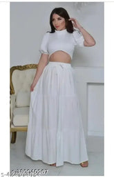 White rayon long skirt by SHREE LILADHAR FASHION, attractive and stylish with a solid net pattern, available in various sizes including 26, 28, 30, 32, 34, 36, and free size. Made in India