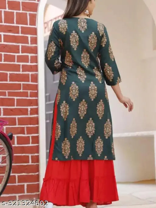 Women's rayon printed kurti set with sharara bottom, three-quarter sleeves, rayon fabric. Indian rayon kurti and sharara set for women and girls in latest fashion trends