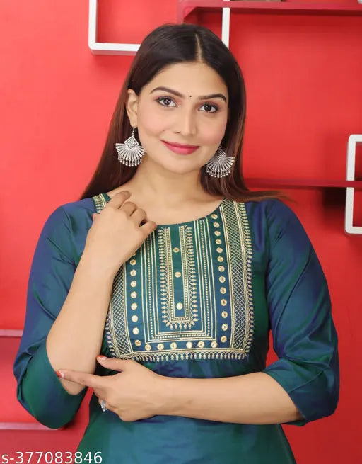 Green Art Silk Three-Quarter Sleeve Embroidered Kurti for Women - Indian embroidery work on green silk