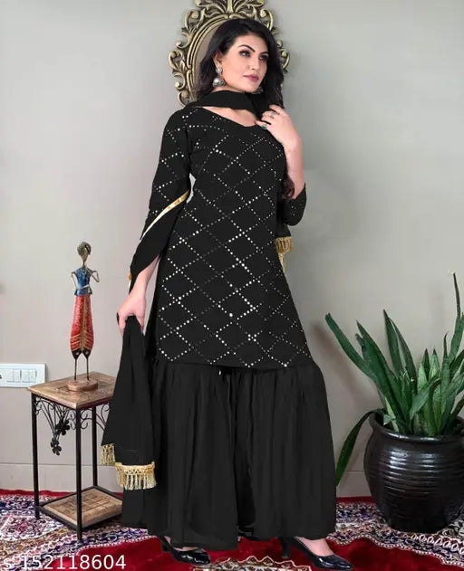 Green Georgette Sharara Dupatta Set, embellished women's Kurta with bottomwear, three-quarter sleeves, M, L, XL sizes, made in India