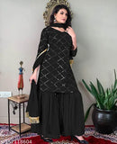 Green Georgette Sharara Dupatta Set, embellished women's Kurta with bottomwear, three-quarter sleeves, M, L, XL sizes, made in India