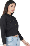 Denim three-quarter sleeve coat for women, solid net design, size S-XL. Made in India