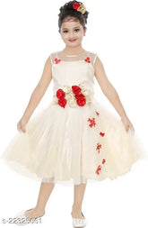 Red flower frock, net sleeveless dress with self-design pattern, for kids ages 2-3 years to 12-13 years, originating from India