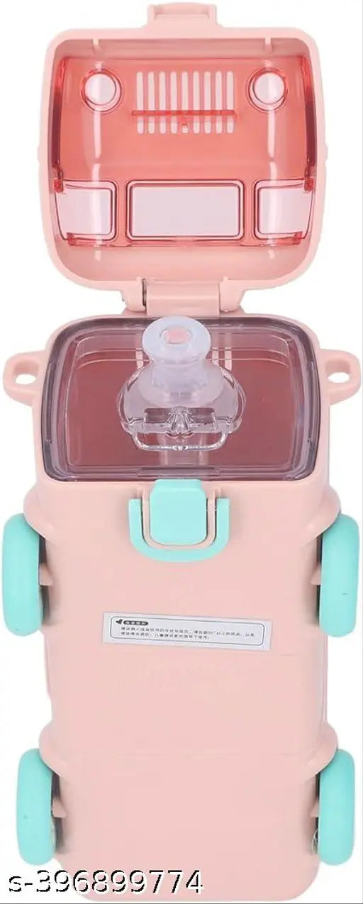 Pink tritan bus-shaped water bottle with movable wheels, reusable and leakproof for kids and sports