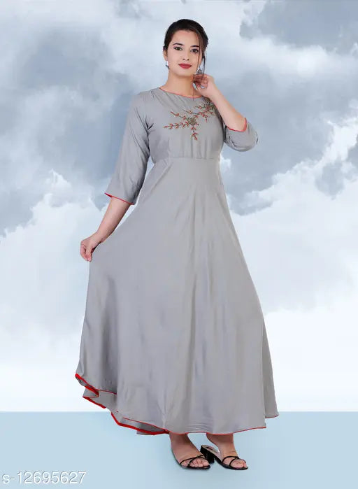 Rayon embroidered grey kurti with three-quarter sleeves, handcrafted Indian traditional wear for women