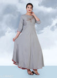 Rayon embroidered grey kurti with three-quarter sleeves, handcrafted Indian traditional wear for women