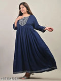 Plus-size rayon long gown, three-quarter sleeves, embroidered net pattern - India