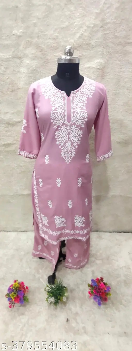 Embroidered rayon kurta set with palazzos, fancy chikankari work on three-quarter sleeves, Indian ethnic wear for women