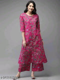 Pink rayon kurta and patiyla plazzo set, printed net three-quarter sleeve short kurti with pants, India origin