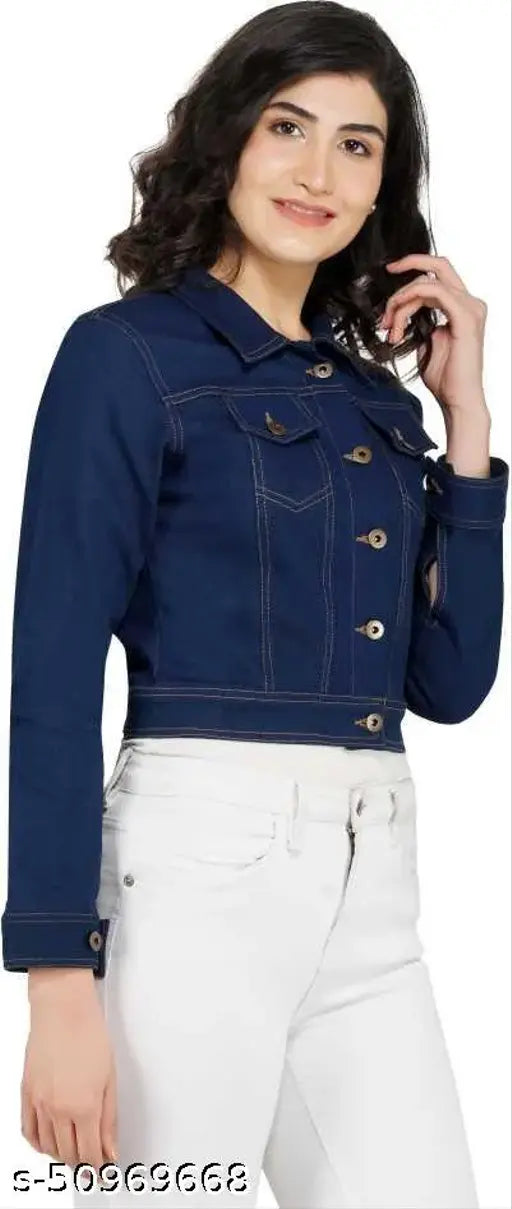 Dark blue denim full sleeve women's jacket, trending fashion. Solid pattern, three-quarter sleeves, India origin