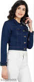 Dark blue denim full sleeve women's jacket, trending fashion. Solid pattern, three-quarter sleeves, India origin