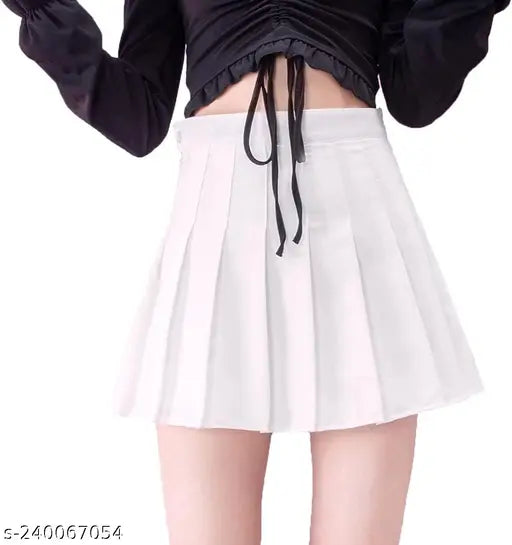 Cotton high-waist pleated mini skirt for women, solid pattern, stylish long length, various sizes available from 24-34 inches