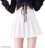Cotton high-waist pleated mini skirt for women, solid pattern, stylish long length, various sizes available from 24-34 inches