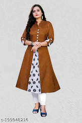 Brown cotton printed kurti, three-quarter sleeves, solid combo. Ideal for parties, outings, or weekend get-togethers. Made in India