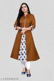 Brown cotton printed kurti, three-quarter sleeves, solid combo. Ideal for parties, outings, or weekend get-togethers. Made in India