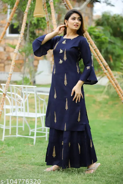 Rayon navy blue color gold print kurti-sharara set, women's casual wear with three-quarter sleeves