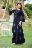 Rayon navy blue color gold print kurti-sharara set, women's casual wear with three-quarter sleeves