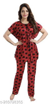 Rich, comfortable satin night suit for women/girls - printed kaftan pyjama set in soft satin fabric, featuring unique designs and half sleeves