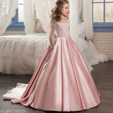 Beige satin floor-length back long tail gown with designer net sleeves for kids (5-6 years), handcrafted by Hauppers in India